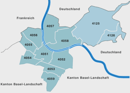 Grafik Kanton Basel-Stadt mit Gliederung nach Postzustellsektoren